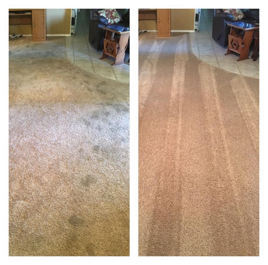 Carpet Master of Tulsa - A before and after picture of a carpet in a living room.