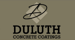 Logo for Duluth Concrete Coatings featuring a stylized "D" monogram over a diamond shape on a tan background.