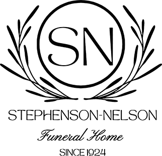 Black logo for Stephenson-Nelson Funeral Home: "SN" initials in a circle, with floral wreath, text below.