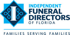 Logo: Independent Funeral Directors of Florida. Blue and white design.