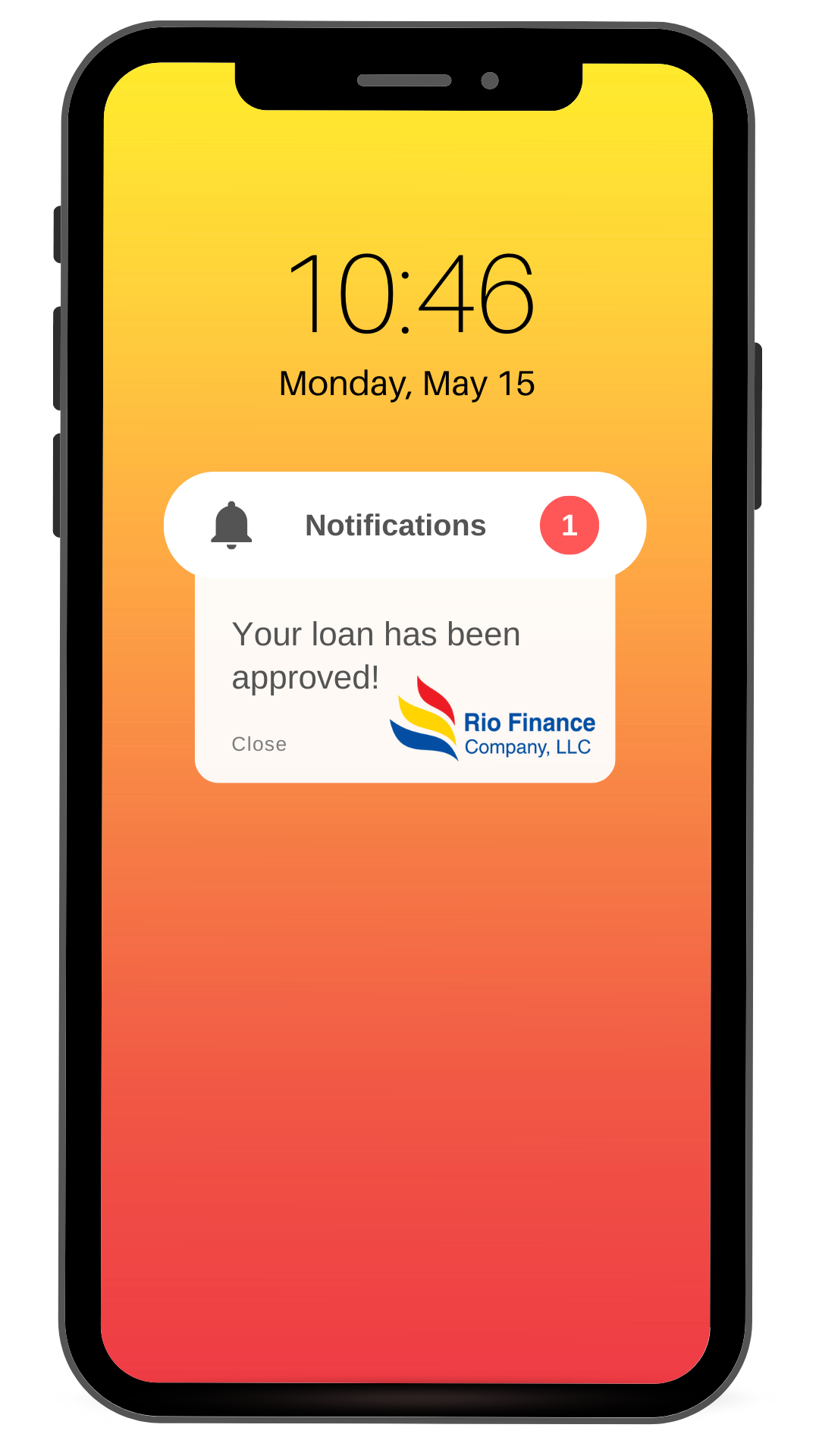 A cell phone with a notification on the screen that says `` your loan has been approved ''.