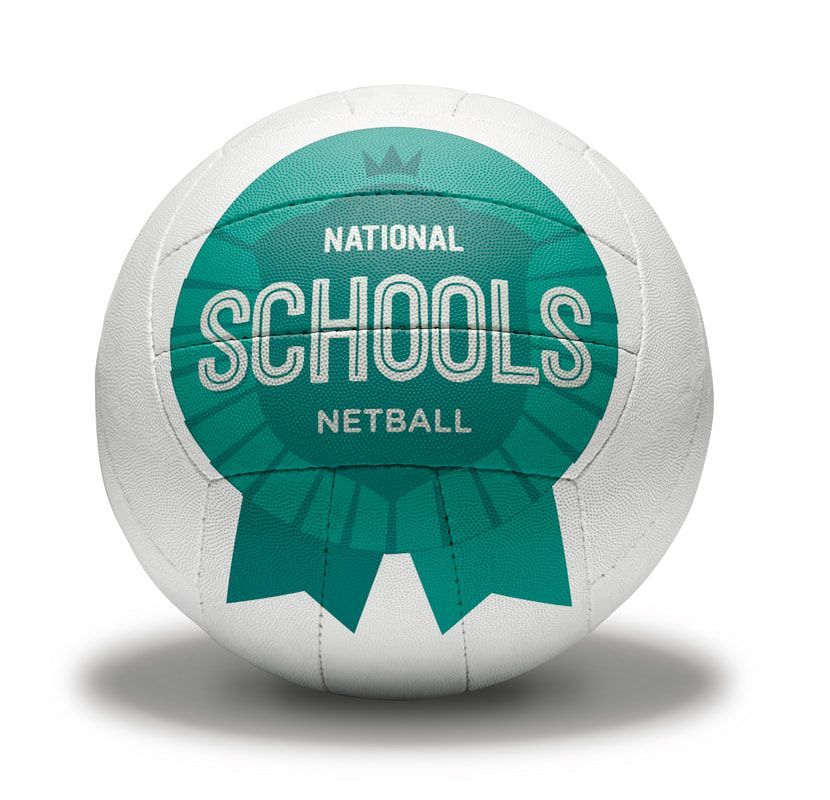 A white netball that says national schools on it