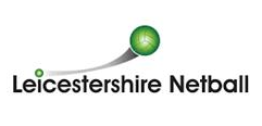 The logo for leicestershire netball shows a green ball flying through the air.