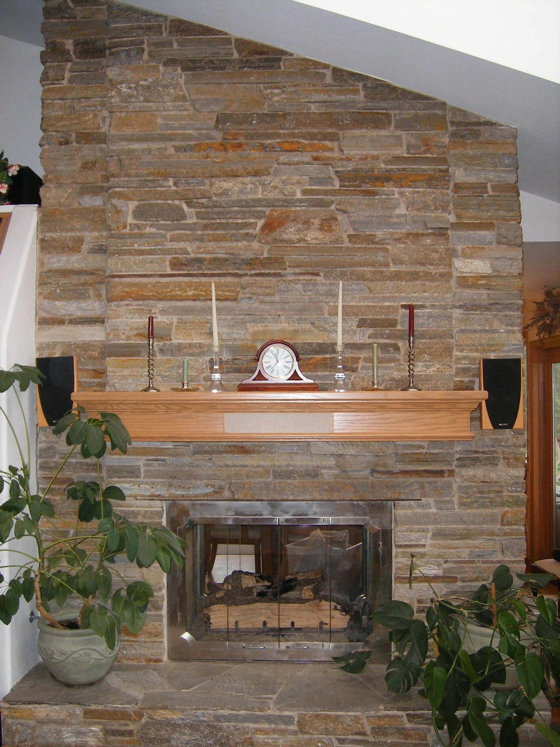 Stone fireplace with wooden mantel and decorative items, flanked by potted plants in a living room