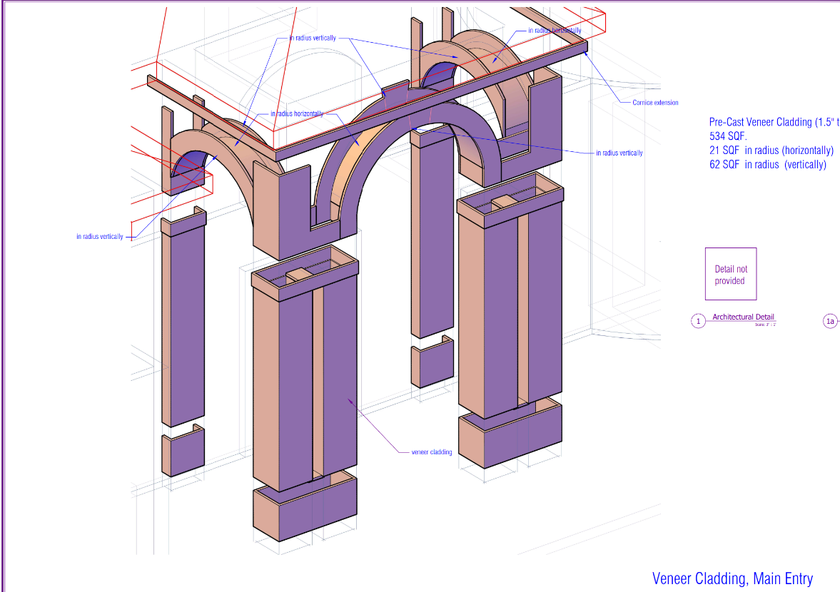 Isometric structural diagram of an arched bridge support system with labeled columns and beams