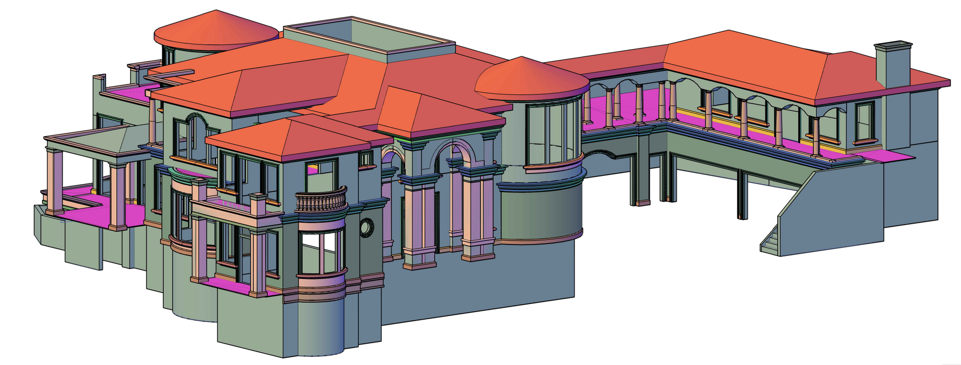 3D architectural model of a house with orange roofs and pink walls on a gray base