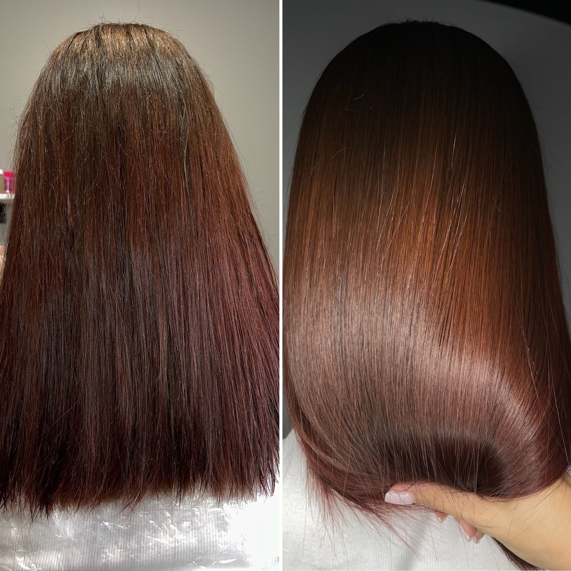 Before and after of hair. Left is dry, brown hair. Right is smooth, shiny brown hair.