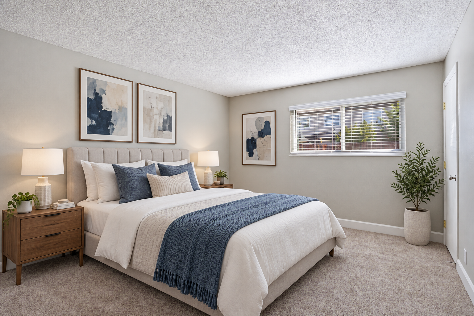 Bright bedroom with a bed, nightstands, framed art, window, and neutral decor
