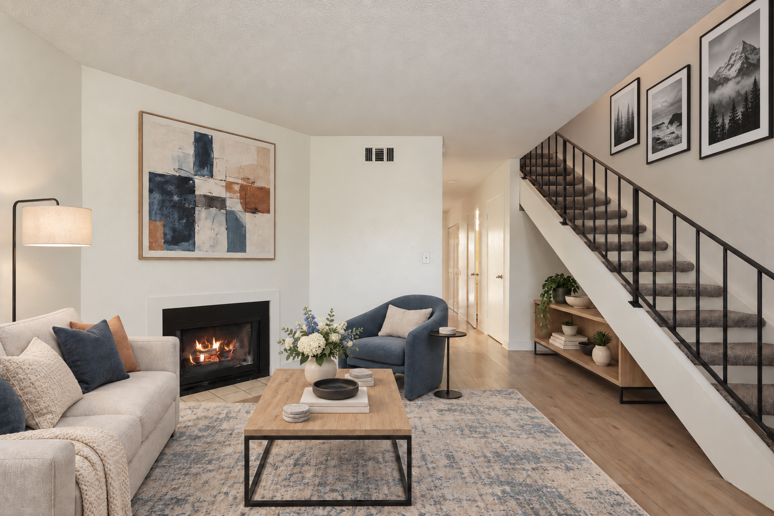 Modern living room with fireplace, blue chairs, staircase, and neutral decor