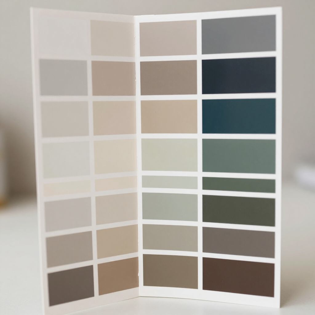 Abra el folleto de muestras que muestra muestras de colores neutros y oscuros en páginas blancas.