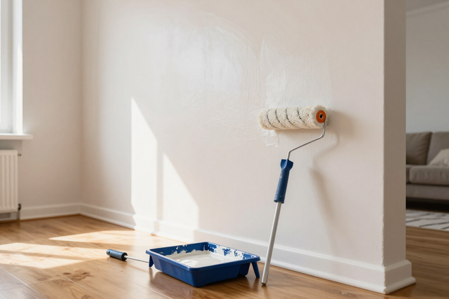 Un rodillo y una bandeja de pintura sobre un suelo de madera en una habitación luminosa y recién pintada.