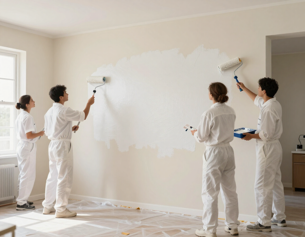 Cuatro personas con trajes blancos para pintar pintan una pared en una habitación luminosa.
