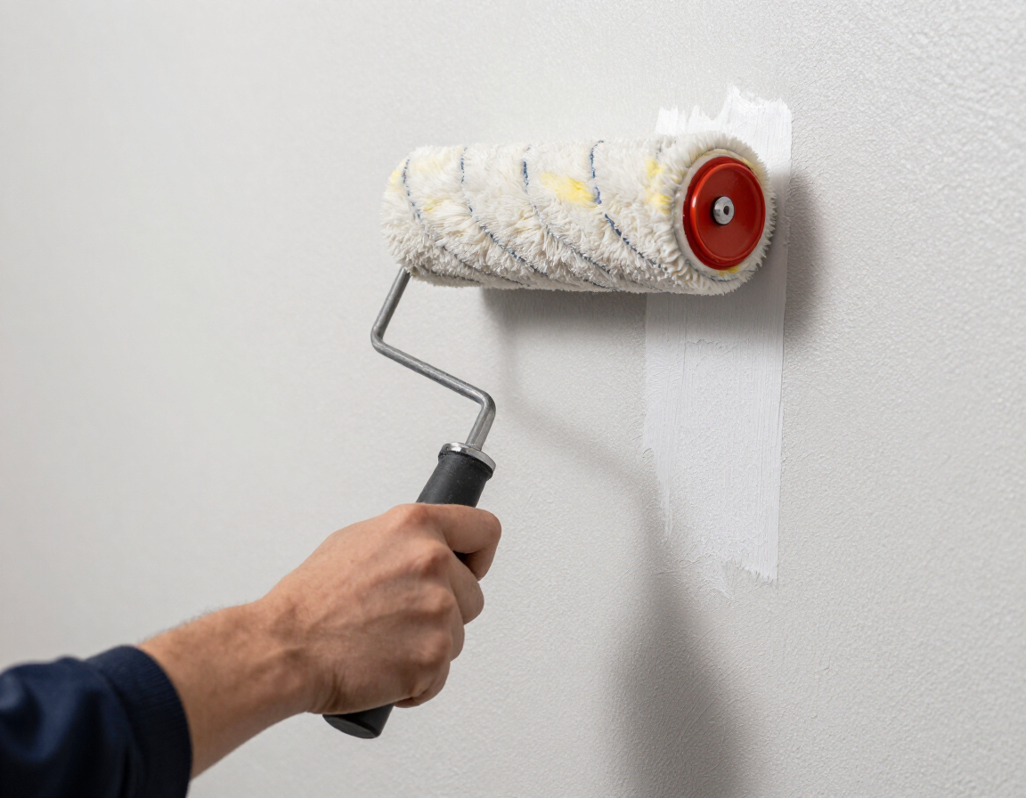 Pintar a mano una pared blanca con un rodillo de pintura.