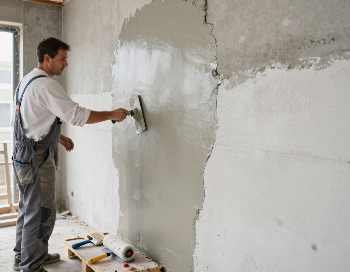 Un trabajador enyesaba una pared blanca con una llana en una habitación en obras.