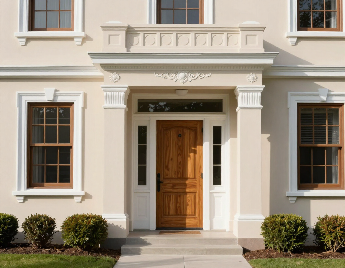 Entrada principal de una casa color crema con puerta de madera, columnas blancas y arbustos podados.