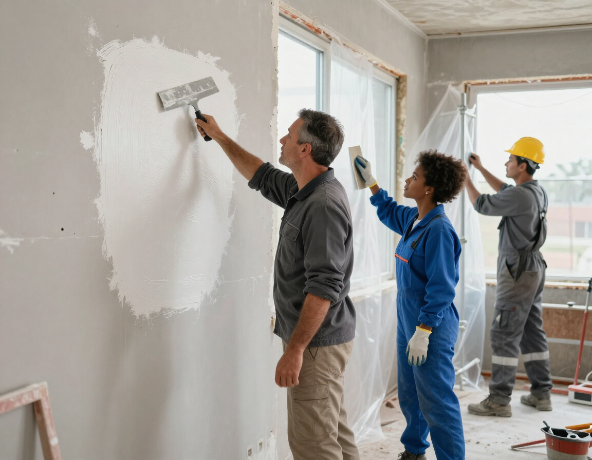 Tres trabajadores pintando una pared blanca dentro de una habitación en obras.