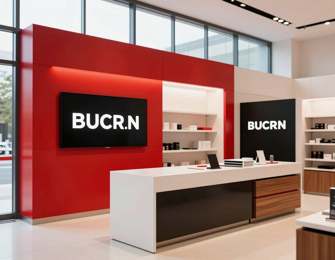 Interior moderno de la tienda Bucur con pared decorativa roja, mostrador blanco y estanterías de exhibición.
