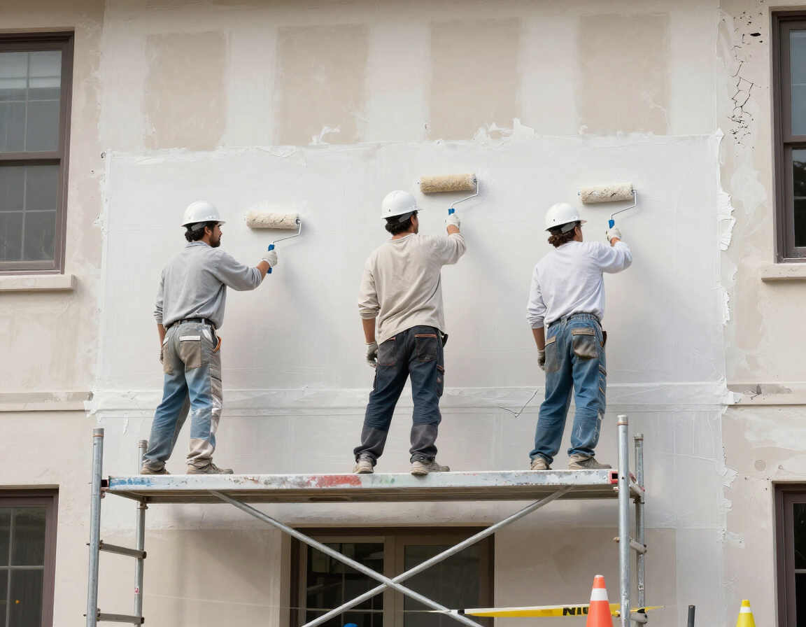 Tres trabajadores en un andamio pintando de blanco el exterior de un edificio.