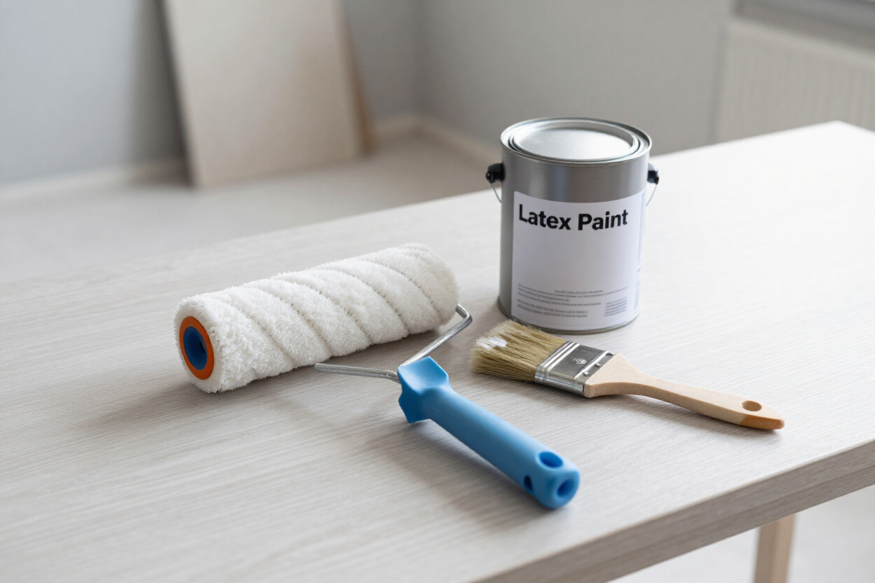 Un rodillo, una brocha y una herramienta azul junto a una lata de pintura blanca sobre una mesa.