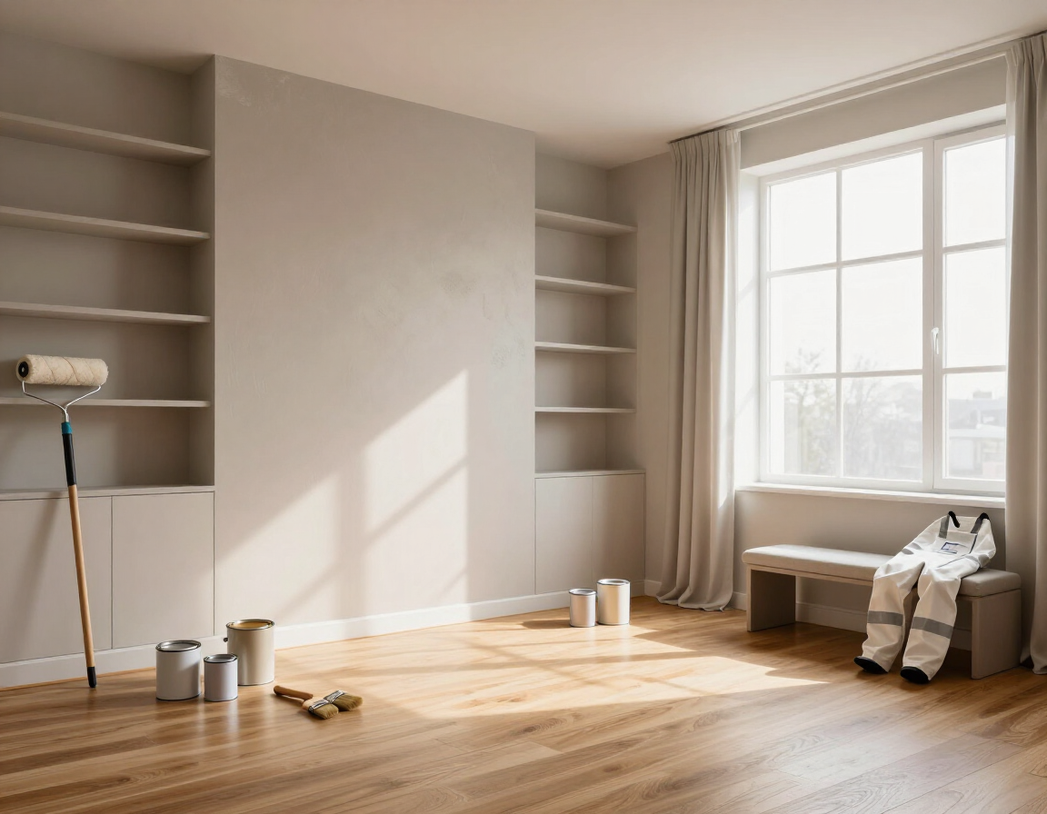 Habitación luminosa y vacía con estanterías empotradas, suelo de madera y un banco junto a las ventanas altas.