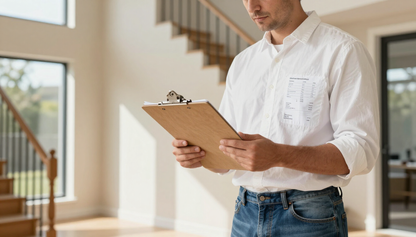 Hombre con camisa blanca sosteniendo un portapapeles en el interior luminoso y vacío de una casa cerca de una escalera.