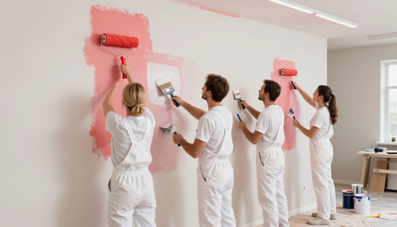 Personas pintando una pared de blanco con rodillos de pintura rosa en una habitación luminosa.