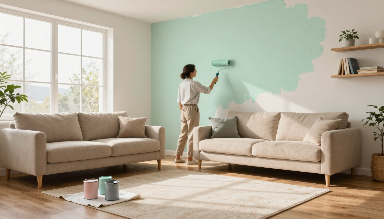 Persona pintando una pared decorativa de color verde menta en una sala de estar luminosa con sofás beige y una gran ventana.