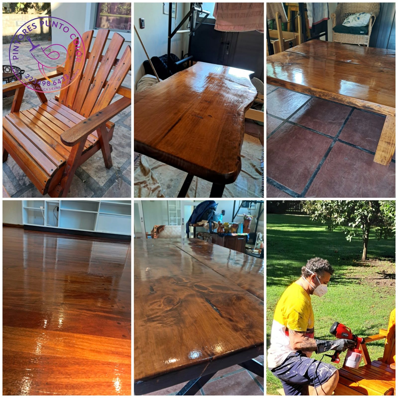 Collage de mesas y sillas de madera pulida, incluyendo primeros planos de la veta brillante de la madera y una escena