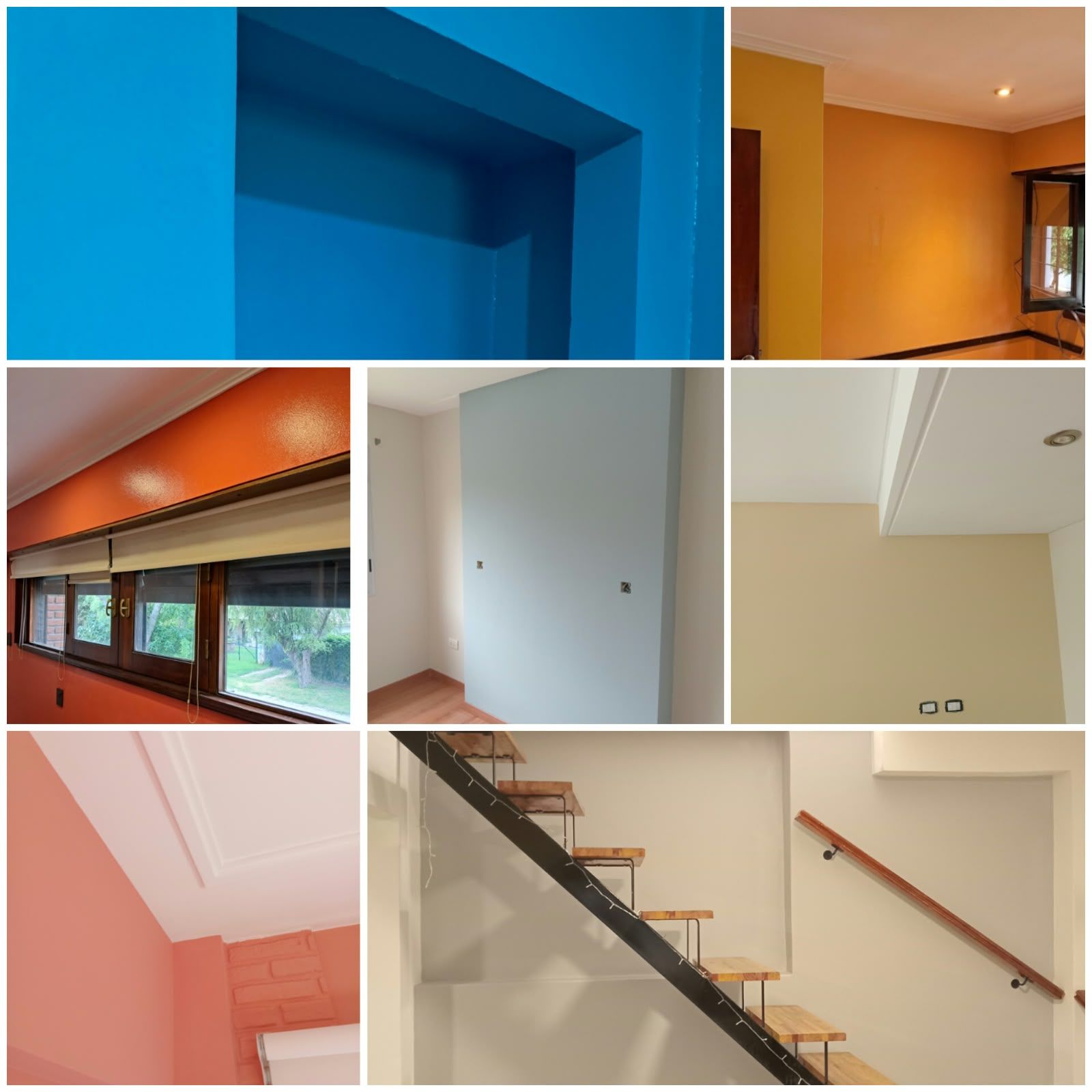 Collage de detalles arquitectónicos interiores coloridos: alcoba azul, techo naranja, paredes blancas