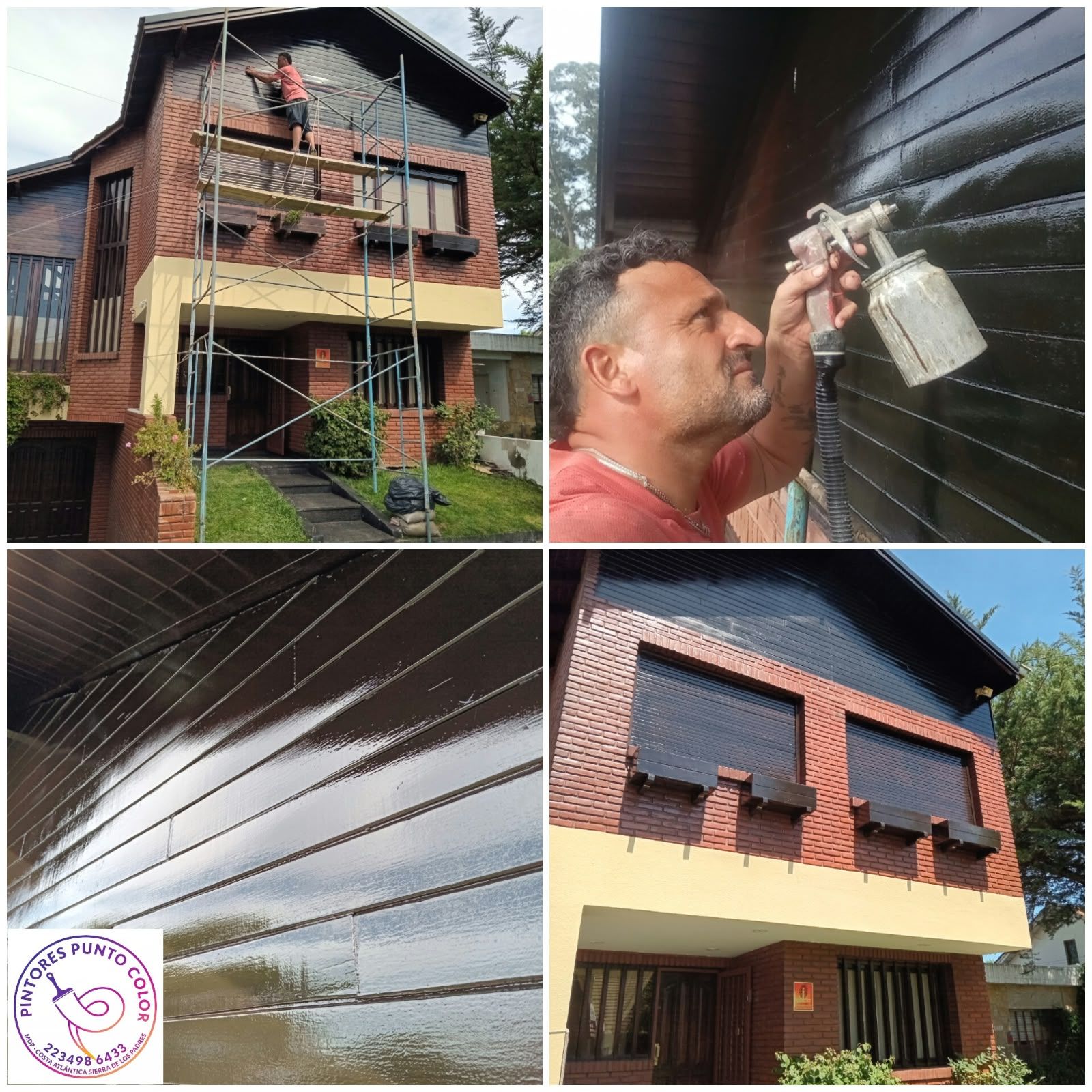 Pintor de casas aplicando pintura en aerosol a las paredes exteriores y contraventanas de una casa de ladrillo