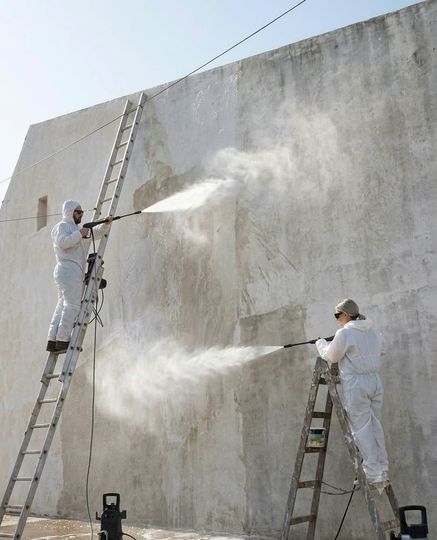 Dos trabajadores con trajes blancos limpian con agua a presión un gran muro de hormigón desde escaleras.