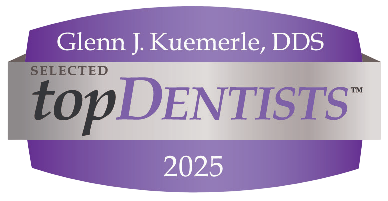 A purple and silver badge reading: Glenn J. Kuemerle, DDS, Selected topDENTISTS, 2025.