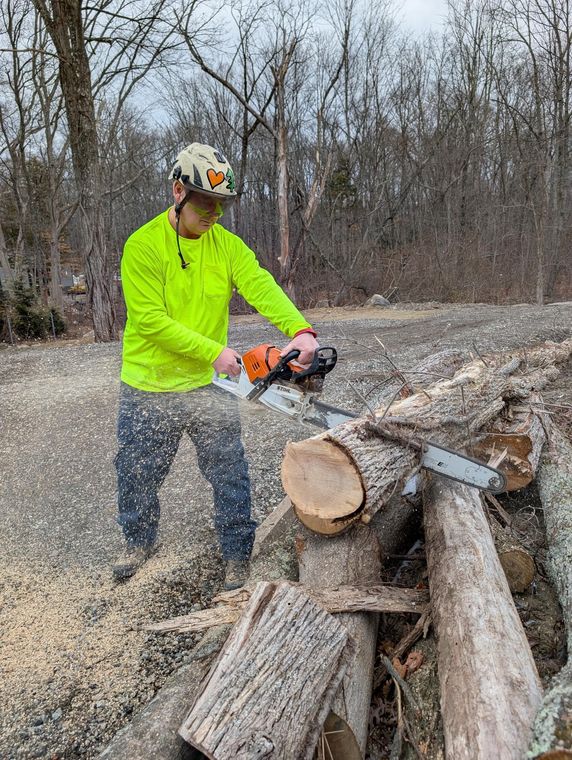 Worker in neon shirt cutting a large log with a chainsaw outdoors near a woodpile