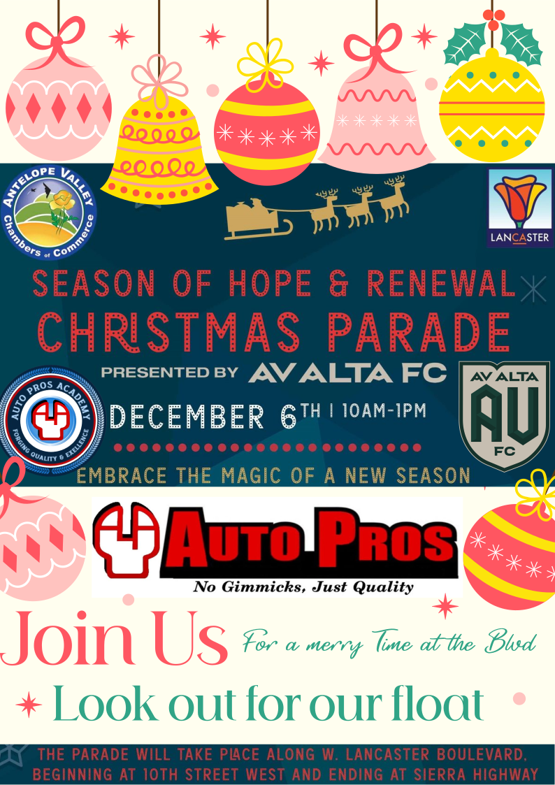 Event flyer for the Season of Hope & Renewal Christmas Parade on December 6th, 10am-1pm, on Lancaster Boulevard.