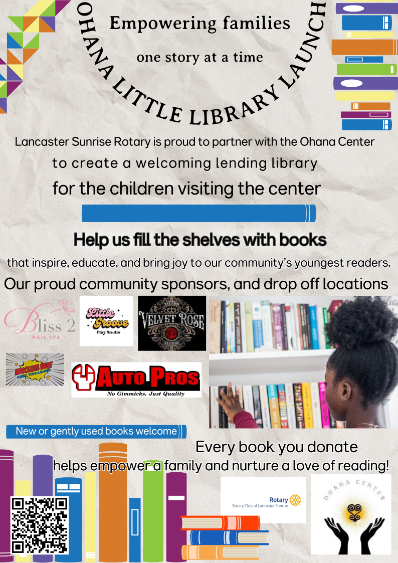 Flyer announcing the Ohana Little Library launch with book donation details, community sponsors, and a QR code.