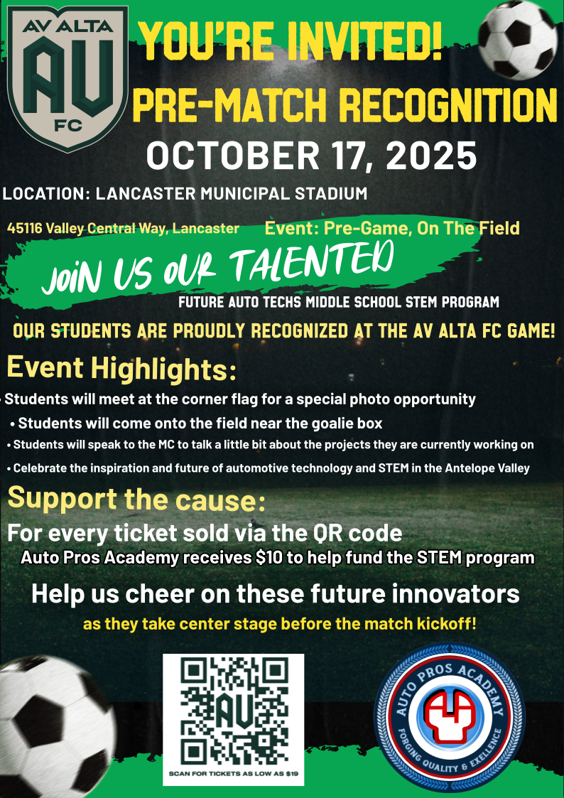 Flyer for an AV Alta FC pre-match STEM program recognition event on October 17, 2025, at Lancaster Municipal Stadium.