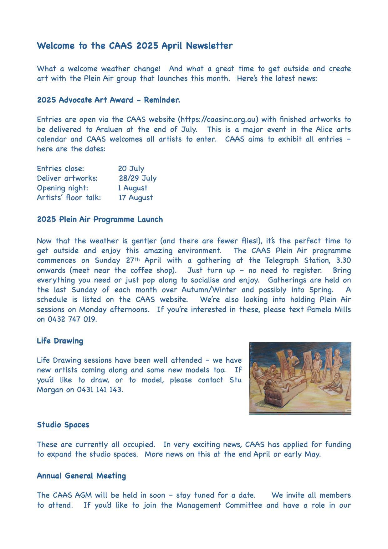 A newsletter page with text announcing events and art programs, including a small photo of an abstract sculpture.