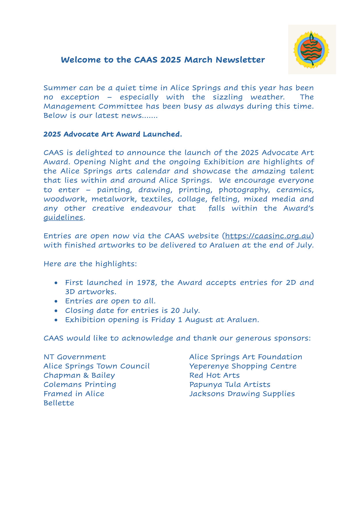 Newsletter from CAAS March 2025 announcing the annual art award with details on entry, closing dates, and sponsors.