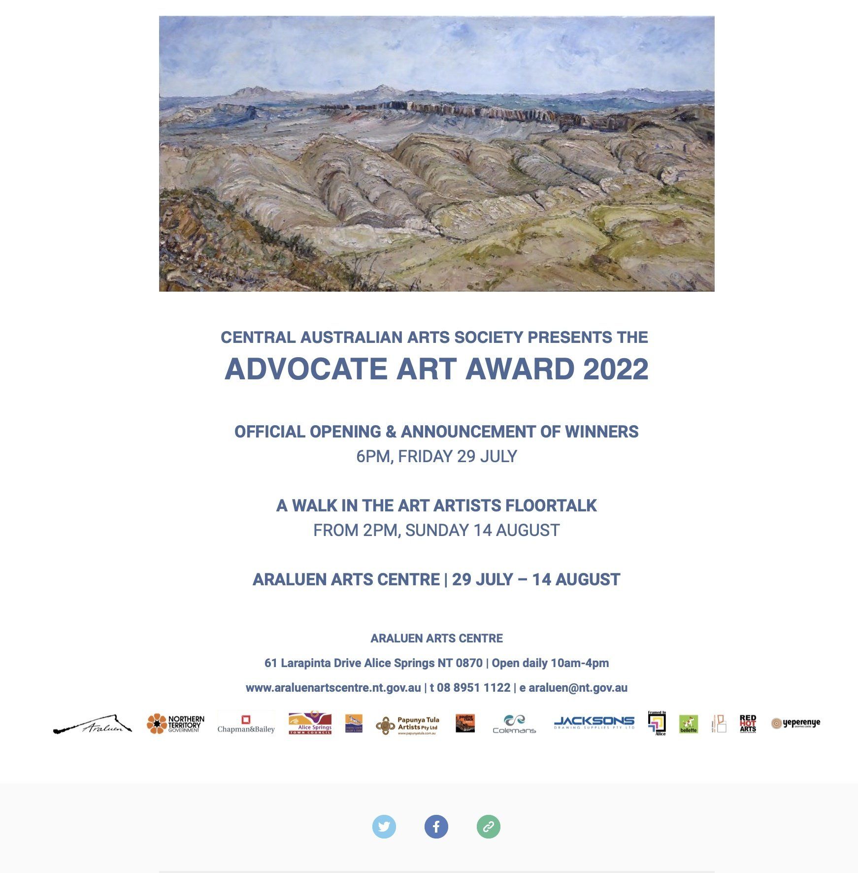 Event flyer for the 2022 Advocate Art Award held at the Araluen Arts Centre from July 29 to August 14.