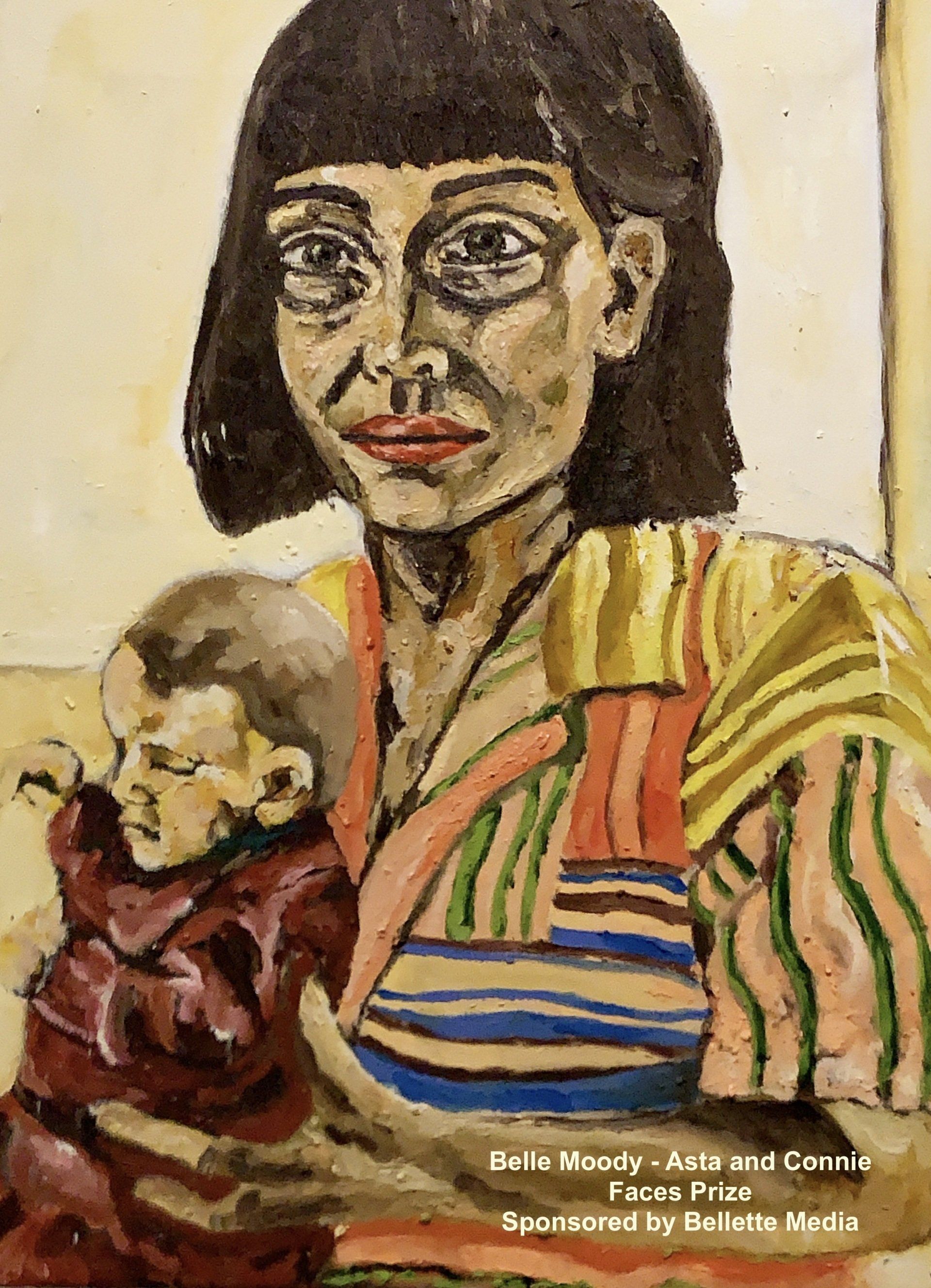 A painting of a person with dark hair holding a baby, wearing a colorful, striped top, with text at the bottom.