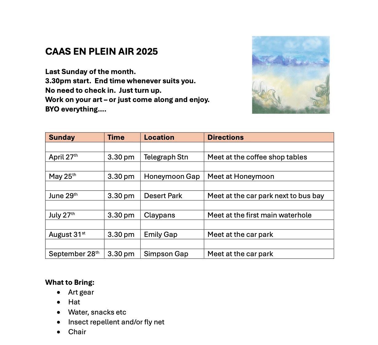An event flyer for CAAS En Plein Air 2025, listing dates, locations, and directions for outdoor painting sessions.