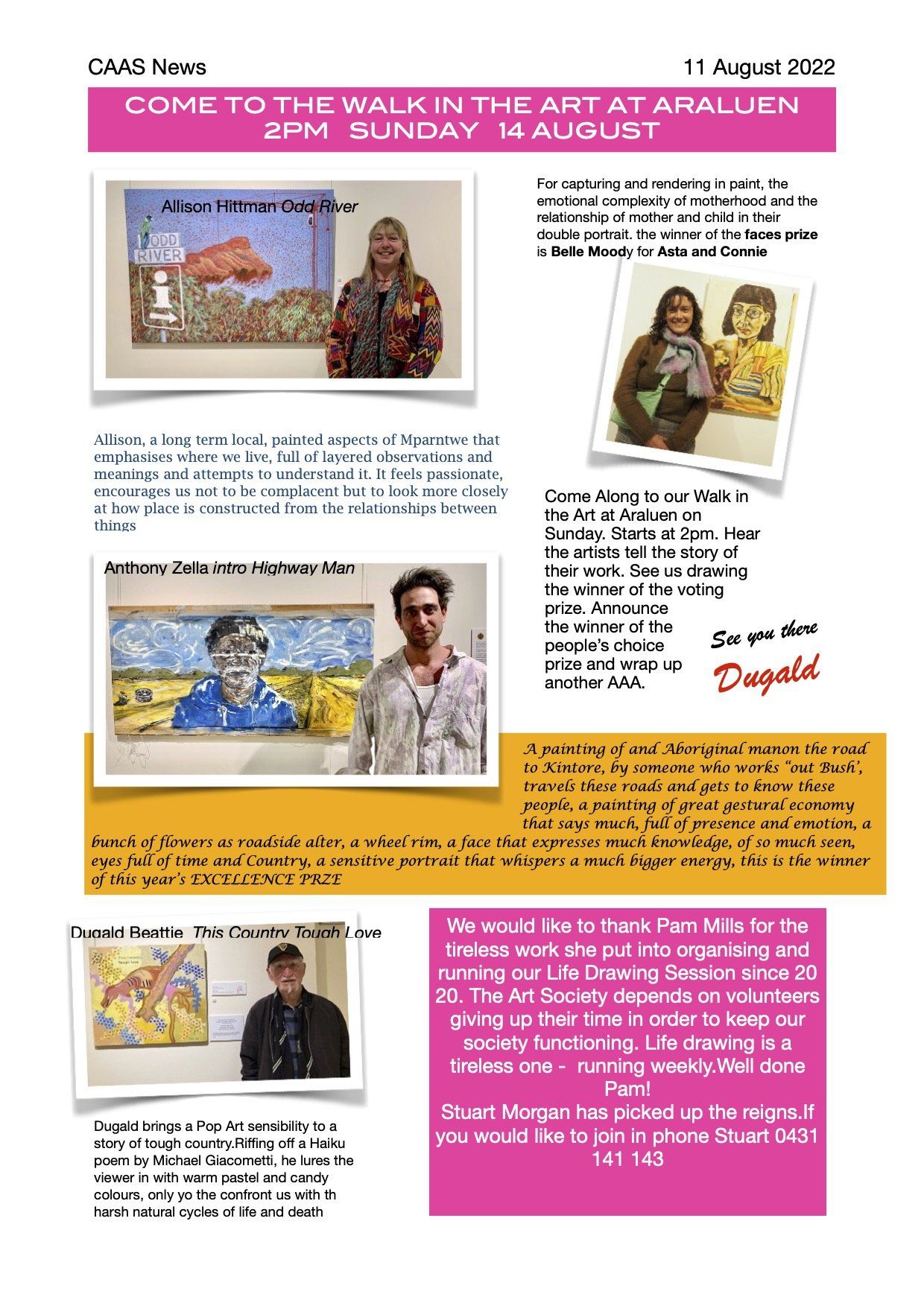 Newsletter flyer for an Araluen art walk featuring images of displayed paintings and people standing next to their work.