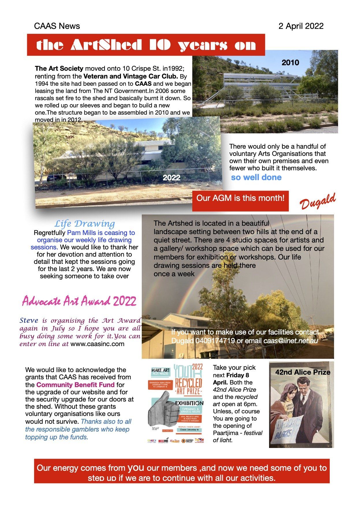 Newsletter page for The Art Shed, featuring text, photos of the venue, and updates on community art events and awards.