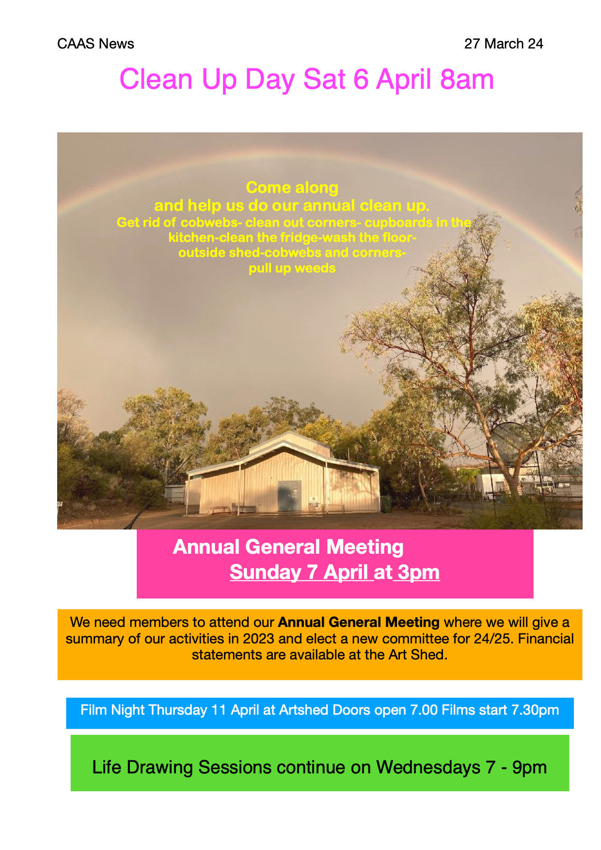 A newsletter announcement listing dates for a clean-up day, annual general meeting, film night, and life drawing sessions.