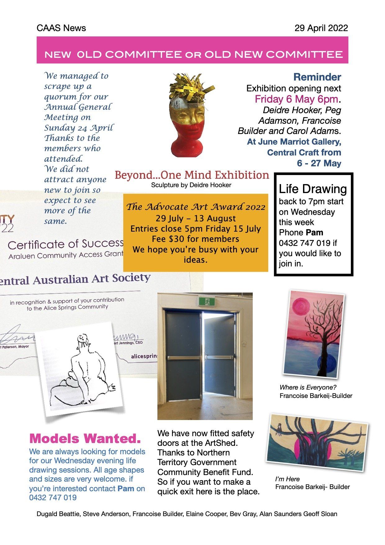An April 2022 newsletter for the Central Australian Art Society featuring an exhibition reminder and call for models.