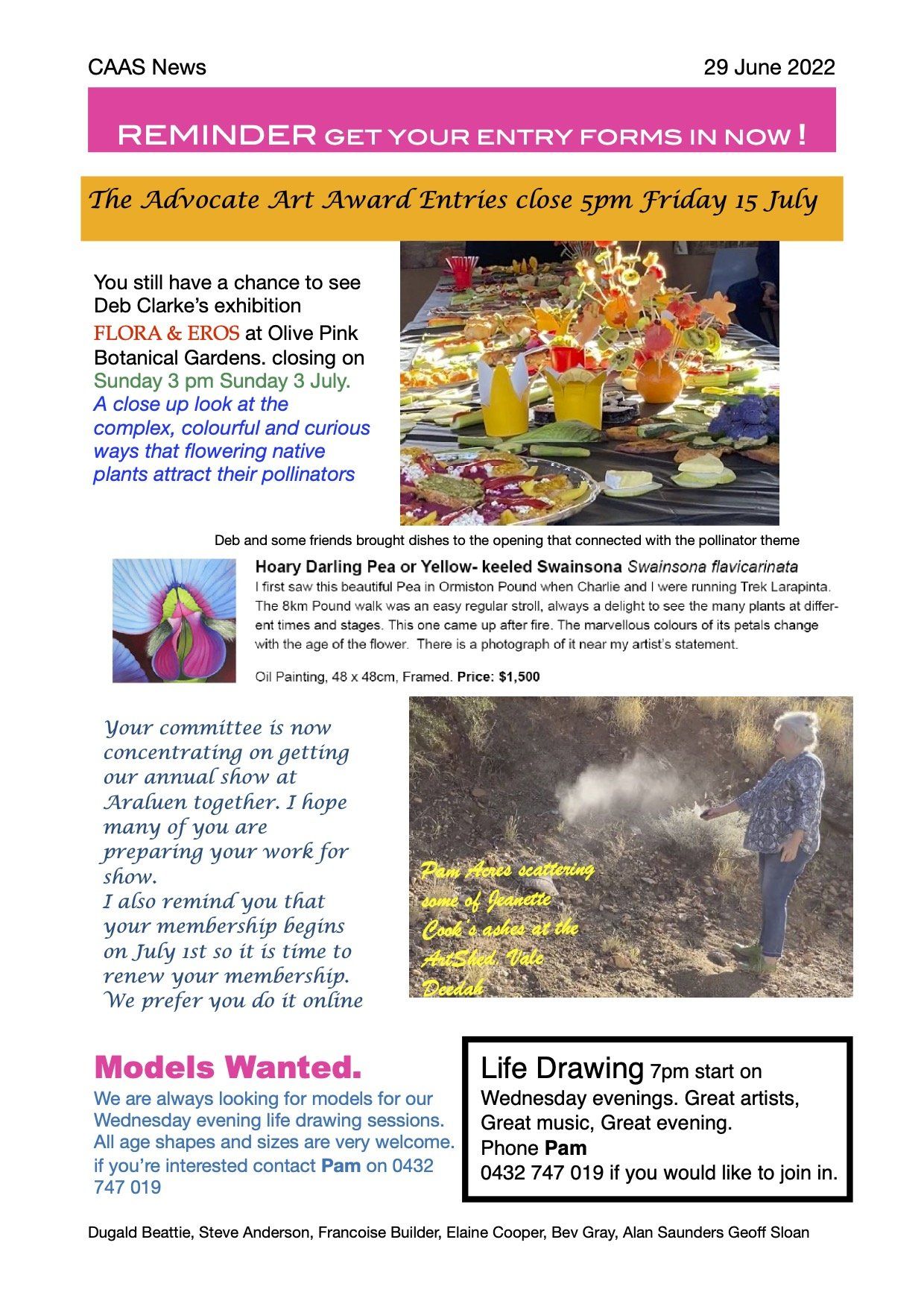 Newsletter page featuring event reminders, artist spotlights, photos of a botanical exhibit, an outdoor scene, and contact info.