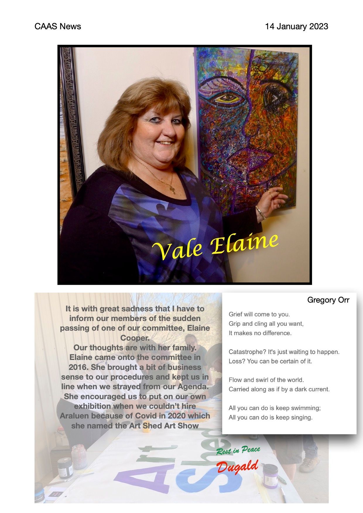 A photo tribute to Elaine, showing her smiling next to her colorful abstract artwork, with text honoring her memory.