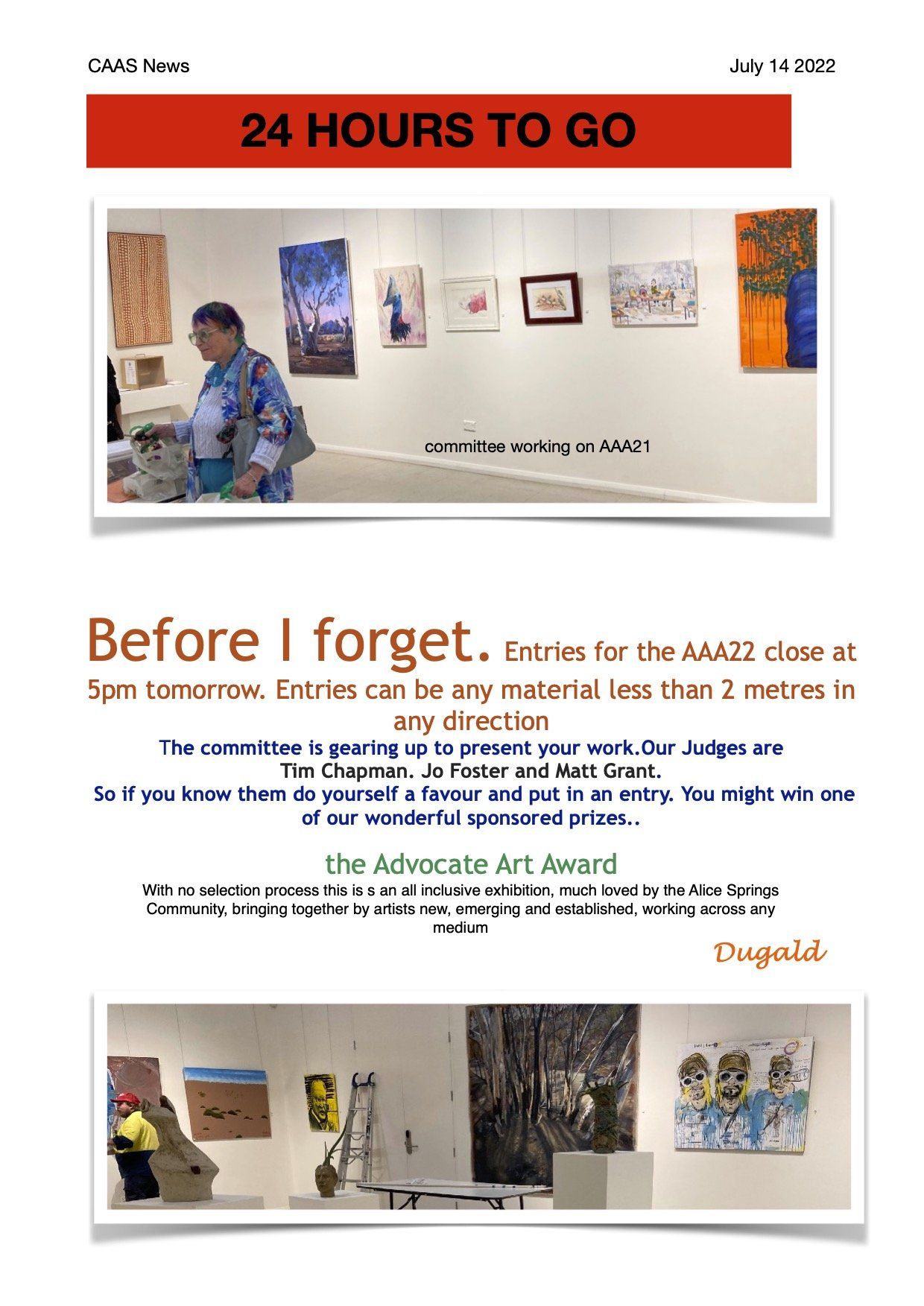 Newsletter with two photos of an art gallery exhibit, announcing that exhibition entry submissions close tomorrow at 5pm.