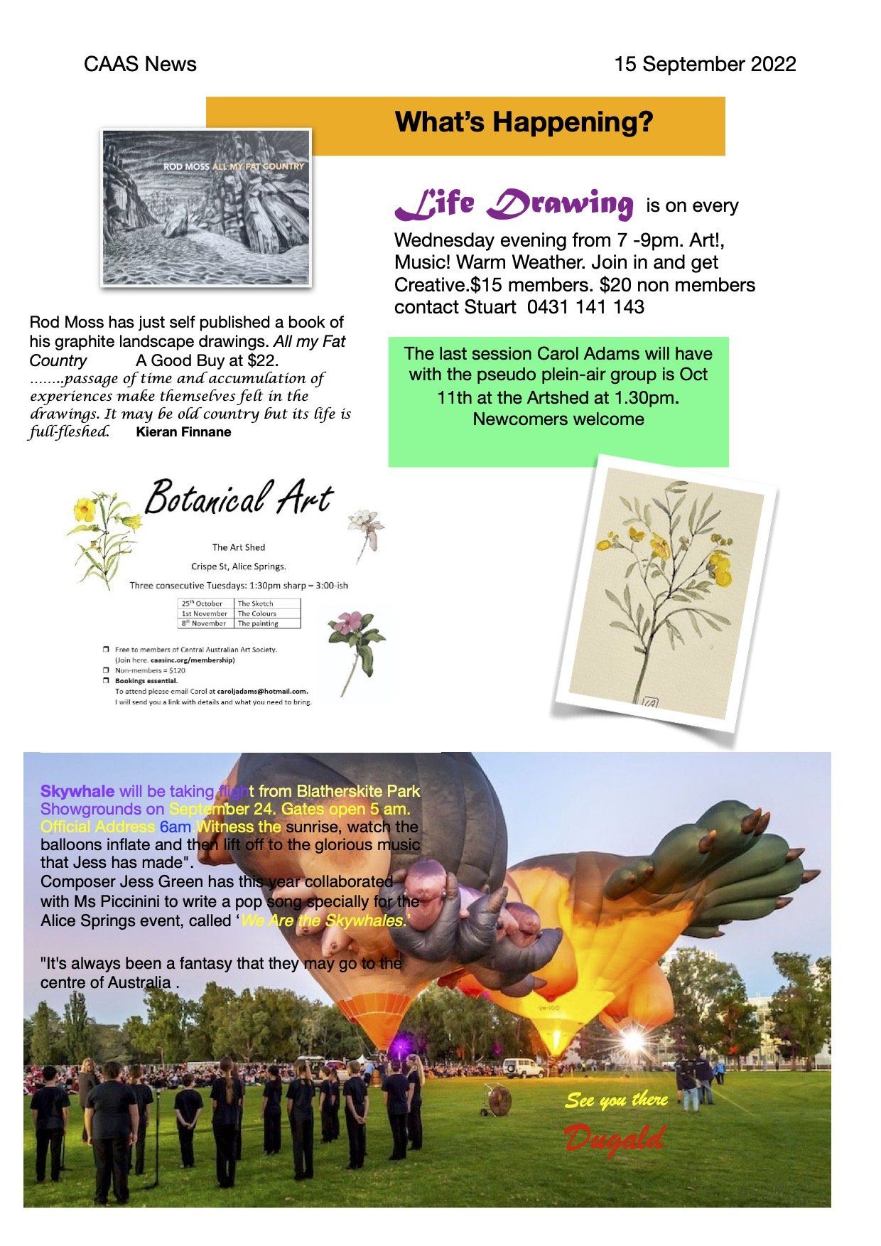 Newsletter page listing upcoming events including life drawing, botanical art, and a hot air balloon festival.