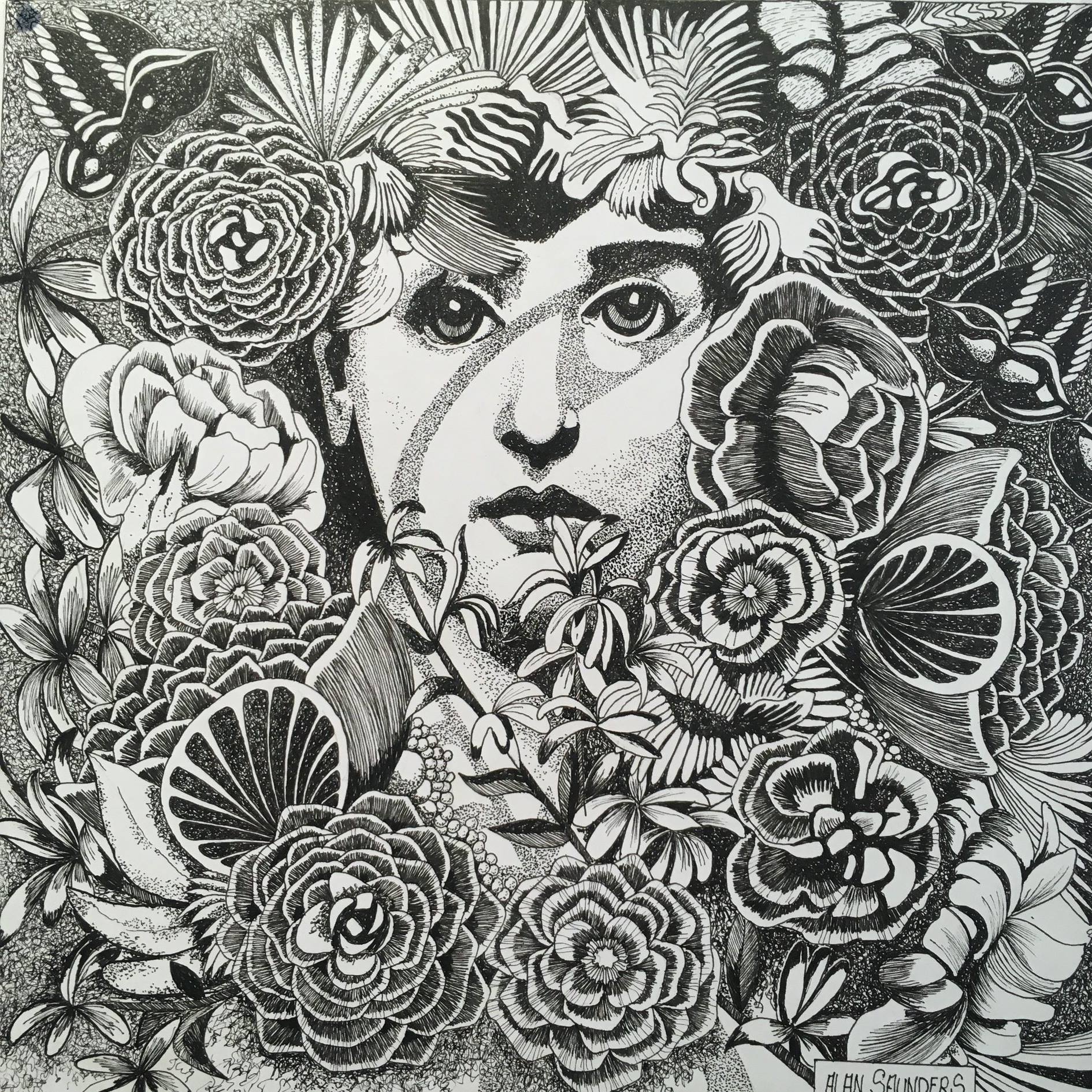 Intricate black-and-white ink illustration of a person's face surrounded by dense, detailed flowers and foliage.